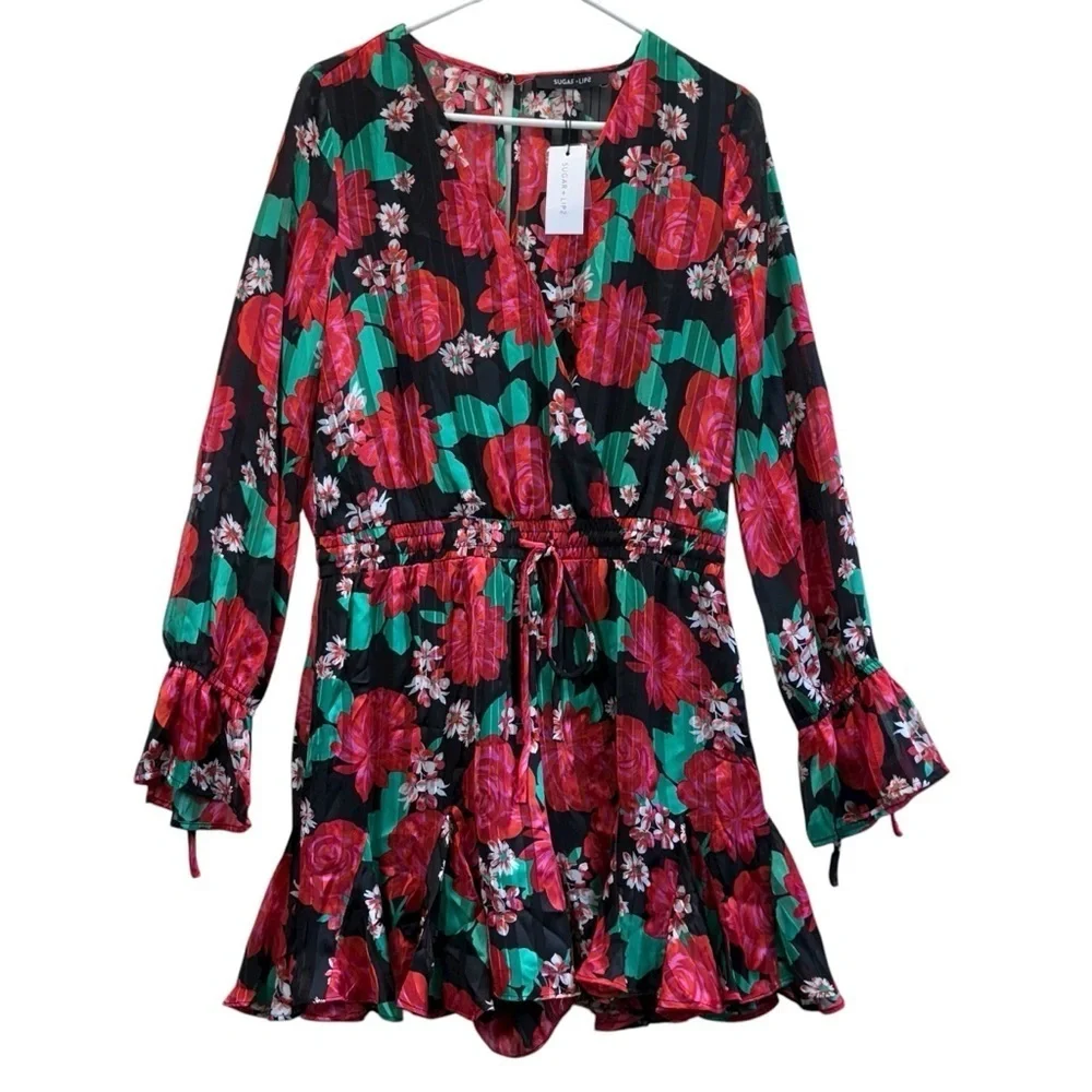 Sugarlips Rosabella Lover Black and Red Floral Romper. Size L